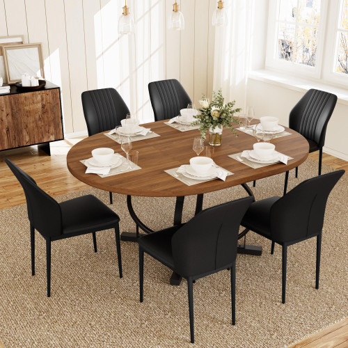 HIPIHOM Extendable Round Dining Table Set for 6 People, 43.3"-59" Extendable Kitchen Table with 6 Upholstered Chairs, Space Saving for Kitchen Dining Room (Walnut Table+6 Black Chairs)