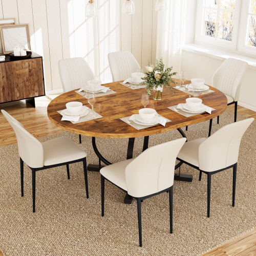 HIPIHOM Extendable Round Dining Table Set for 6 People, 43.3"-59" Extendable Kitchen Table with 6 Upholstered Chairs, Space Saving for Kitchen Dining Room (Vintage Brown Table+6 White Chairs)