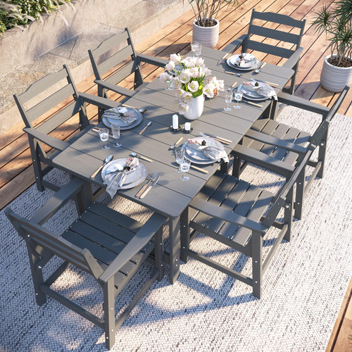 THOEOE 7 Piece Outdoor Dining Set, Patio Dining Table and 6 Chairs, All-Aluminum Frame, All-Weather HDPE Outdoor Furniture with Umbrella Hole for Garden, Lawn, Poolside, Grey