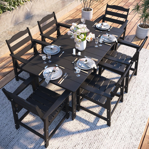 THOEOE 7 Piece Outdoor Dining Set, Patio Dining Table and 6 Chairs, All-Aluminum Frame, All-Weather HDPE Outdoor Furniture with Umbrella Hole for Garden, Lawn, Poolside, Black