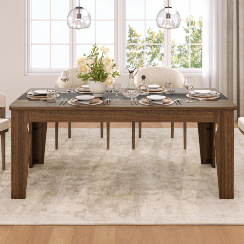 iPormis Farmhouse 71" Long Dining Table for 6, Marble Texture Finish Kitchen Table with Sturdy Wooden Frame, Rectangle Dining Table for Dining Room, Kitchen, Brown (No Chairs, Non-Expandable)