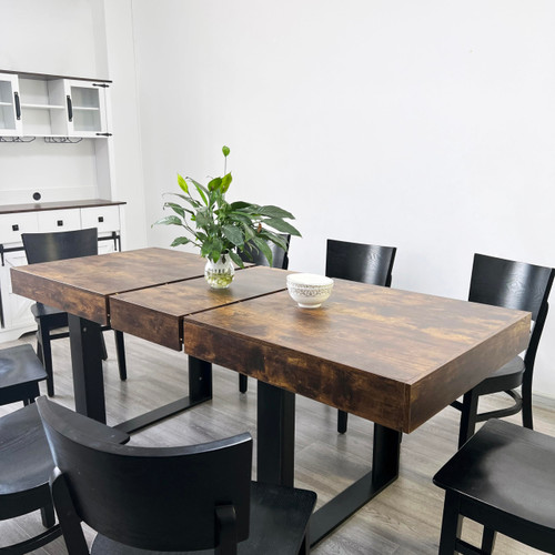 Henf 63"-79" Extendable Dining Table for 4 6 8 People, Rustic Large Rectangular Kitchen Dinner Tables with Wood Legs, Modern Farmhouse Wooden Kitchen Expandable Dining Room Conference Table,Brown