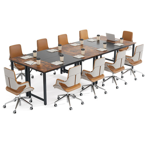 Tangkula 63” x 24” Conference Table Set of 4, Meeting Room Table with Metal Frame & Adjustable Foot Pads, Large Office Desk Study Writing Desk, Black & Rustic Brown