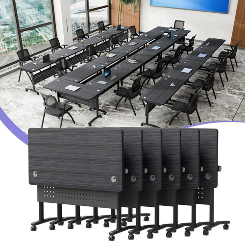 Lrxmastery Folding Conference Table with Wheels, Modular Conference Room Table with 2 Cable Grommet, Mobile Flip-Top Training Meeting Room Tables for Office Classroom (6, Black-C, 47.2in)