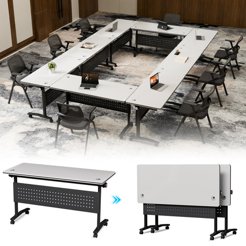 Folding Conference Table, Modular Conference Tables with Silent Wheels and 2 Cable Grommets Modern Flip-Top Training Table Mobile Office Desk for Flexible Office,Meeting Spaces,2 Pack 71inch,White