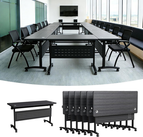 Conference Table,Flip Top Folding Conference Room Tables with Silent Wheels, Foldable Modular Training Table Modern Rectangle Seminar Table for Office Boardroom (6, F, L55.1IN)