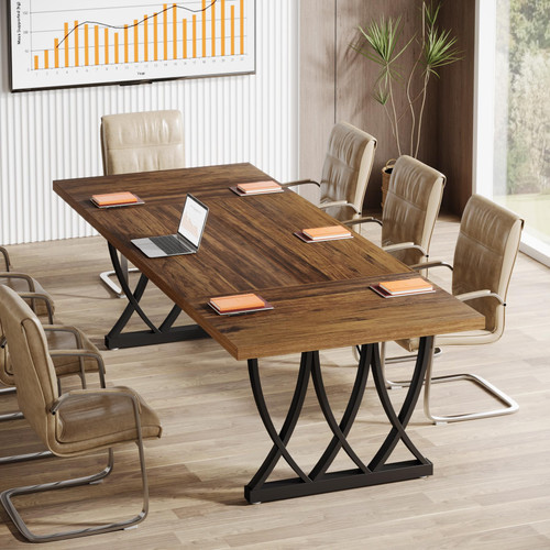 Tribesigns 6 ft Conference Table for 6-8 People, 70.86-Inch Rectangle Meeting Seminar Table with Unique Curved Metal Support for Home Office (Without Chair, Retro Brown & Black) (1)