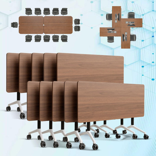 CUAOCEZ 10-Pack Modular Folding Conference Table with Wheels, 55.1" Flip Top Mobile Training Table, Heavy-Duty 550 lbs Capacity, Space-Saving Vertical Fold for Office Classroom & Seminar, Walnut