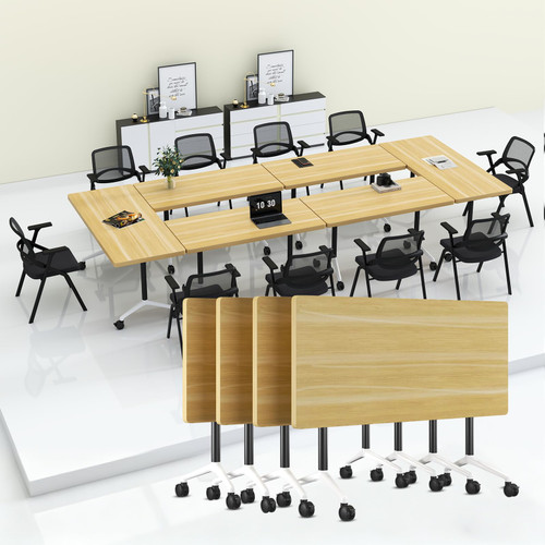 Modern Folding Conference Tables, Flip Top Mobile Meeting Table with Wheels, Modular Stackable Training Tables, Convertible Rolling Seminar Table for Office Classroom School(4,Maple,55.1in)