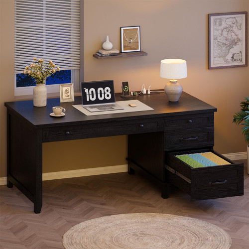 GAOMON 54.5in Wooden Executive Desk with Drawers, Office Desk Computer Table with Charging Station, Farmhouse Home Office Desk with File Cabinet Storage, for Study and Home Office, Rustic Black