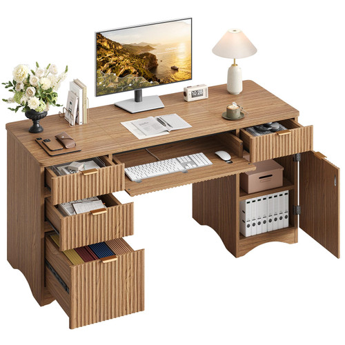 Bestier 63 Inch Fluted Executive Desk with Drawers, Wood Computer Desk with Ample File Drawer, Keyboard Tray & Storage Cabinet, Modern Home Office Desk for Study, Bedroom, Living Room, Brown