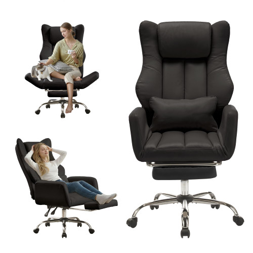 Ergonomic Cross Legged Office Chair with Footrest,Big and Tall Leather Executive Chair with Reversible Armrest,Lumbar Pillow and Wheels,155° Reclining Computer Wide Desk Chair for Home,Office (Black)