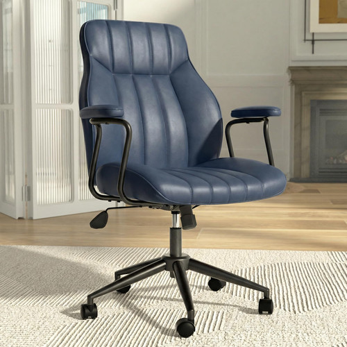 Bananister Blue Leather Office Desk Chair with Wheels and Arms, Height Adjustable, Vintage, Mid Century Modern Style