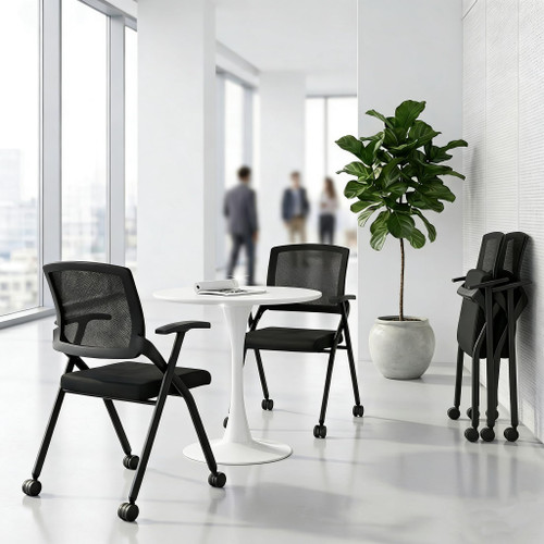 LDIW 2 Pack Folding Office Chair with Wheels, Stackable Conference Room Chairs with Armrests, Rolling Meeting Chair with Flip Up Seat for Guest Training & Seminars, 458 Lbs Capacity (2, with Wheels)