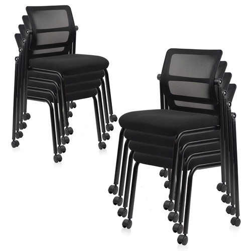 CLATINA Stacking Chairs 8 PK, Adjustable Backrest Stackable Mesh Office Waiting Room Armless Chair with Wheels for Guest Reception Conference Lobby Side School, Black