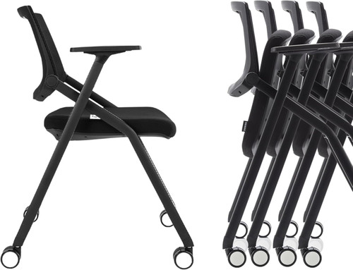 BROBRIYO, 10 Pack Stackable Conference Room Chairs with Wheels and Paddle, Ergonomic Mesh Back and Arms for Meeting, Conference, Reception, Training Room & Home Office Desk Folding Chairs, Black
