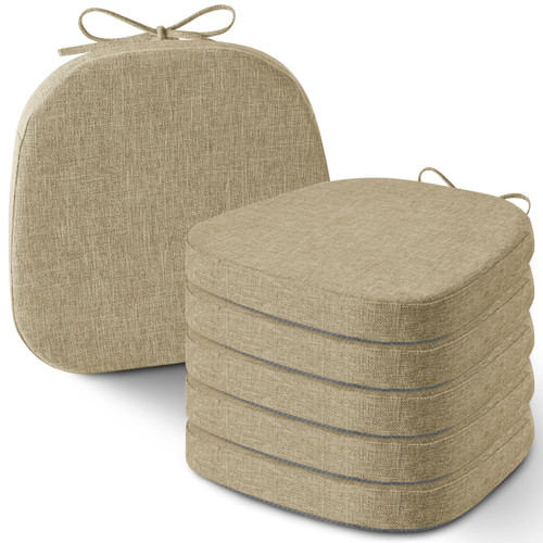 AddGrace Set of 6 Chair Cushions for Metal Dining Chairs 14x14 Chair Pads with Ties Non Slip Thick Seat Cushions with Textured and Removable Cover (6, Beige)