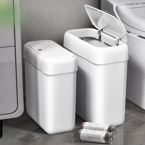funest 2 Pack Bathroom Trash Can with Pop-Up Lid,3 Gallon & 2.7 Gallon Small Spaces Plastic Garbage Can,Slim Wastebasket for Bathroom, RV, Office, White