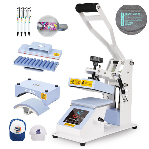 PYD Life 3 in 1 Mini Combo Heat Press Machine for Label Tag 5.8 x 5.8 Inch Light Blue 110 V Cap Hat Sublimation Pens Heat Press Machine