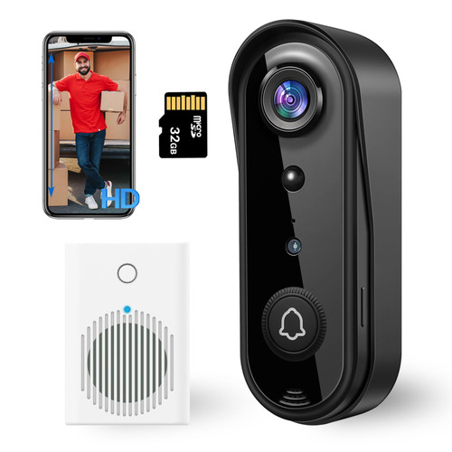 2K Video Doorbell Camera Wireless with Full-Body View & AI Detection - Night Vision, PIR Motion Alerts, Built-in Chime, IP65 Weatherproof, 32GB SD Card &Cloud Storage，No Monthly Fee