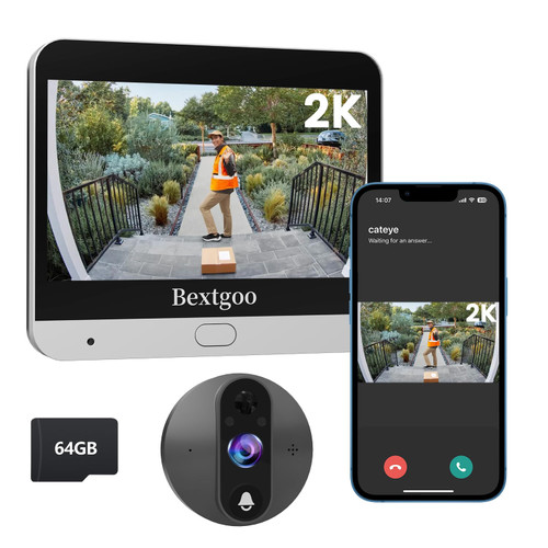 Peephole Camera, Bextgoo 2K Wireless Door Camera with Doorbell, 4.3″ Monitor, AI Motion Detection, 2‑Way Talk, 170° Viewing, Night Vision, 8000mAh Battery & 64G Card Peephole Camera for Apartment Door