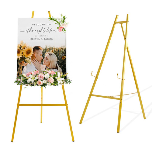 Milostelom 43.5" Gold Metal Easel Stand for Sign, Heavy Duty Folding Easel for Wedding Welcome Sign, Decorative Easel for Mirror, Art, Photo, Adjustable Painting Display 4-Tier Height