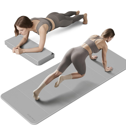 PAIDU Foldable Fitness Yoga Mat | 2/5" (10MM) Extra Thick | SGS Certified Non-Slip TPE | 76x26" Extra Long-Wide | Portable & Easy Store | for Yoga, Pilates, Home Gym & Full-Body Workouts (Dark grey+ black)