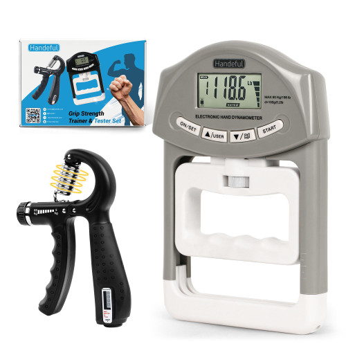 Handeful Grip Strength Tester Trainer - Dynamometer Handgrip Measurer Meter, Handheld Strengthener Exerciser for Sports, School, and Home Use（Grey with strengthener）
