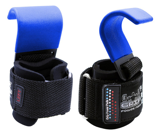 Heavy Duty PRO Metal Lifting Steel Hooks Best Power Weightlifting Set of 2 Premium Thick Padded Workout Hook Gloves (Women-Wrist Size Small/Medium, Classic Blue)