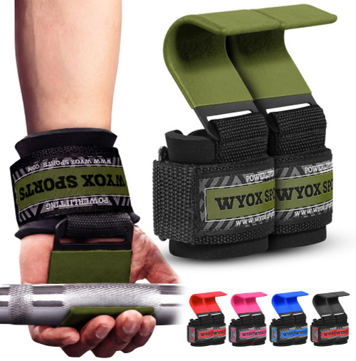 WYOX Weight Lifting Hooks for Men & Women (Pair) – Heavy Duty Wrist Support Straps with Hooks for Deadlifts, Pull Ups, Shrugs – Gym Lifting Straps with Grip Assist for Weightlifting & Strength Training (Army Green)