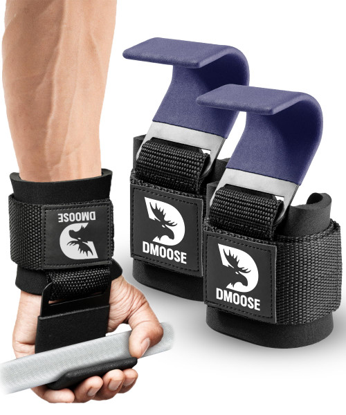 DMoose Weight Lifting Hooks (Pair), Hand Grip Support Wrist Straps for Men and Women, 8 mm Thick Padded Neoprene, Deadlift, Powerlifting, Pull up bar, Liftups, Shrugs (Navy Blue)