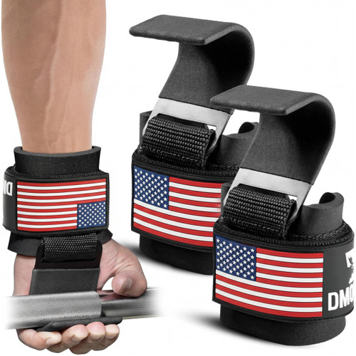 DMoose Fitness Weight Lifting Hooks for Men & Women (Pair) - 8 mm Thick Wrist Padding - Weight Grips for Powerlifting, Shrugs, Rows & Deadlift Support - Gym Lifting Straps with Pull Up Hook (American)