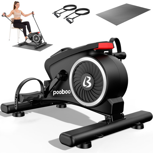 pooboo Under Desk Bike Pedal Exerciser, Quiet Magnetic Mini Exercise Bike with 16 Resistance Levels, Arm & Leg Workout, Resistance Bands & Non-Slip Mat for Home Office Therapy (Black-Silver)