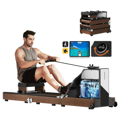 KINGSMITH Magnetic/Water Row Machine for Home Rower 331LB Weight Capacity, Folding Rowing Machine with LED Monitor, App Supported, Tablet Holder, Comfortable Seat, Trifold Home Rowing Machine Walnut