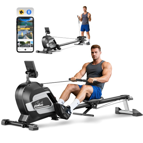 pooboo Rowing Machines for Home, Magnetic Rowing Machine with Adjustable Resistance, Folding Rower Machine of Quiet, 350lbs Weight Capacity, Comfortable Seat Cushion, LCD Monitor, App Support