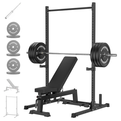 HANDBODE Squat Rack, 7ft Barbell, Weight Bench, Weight Plates Set 210 lb, Home Gym Equipment, Silver