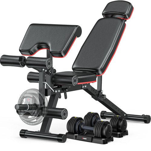 XDDIAS Workout Bench, Adjustable Weight Bench with Leg Extension and Leg Curl, Extended Headrest, 900LBS Preacher Curl Bench Incline Decline Flat Workout Bench with A Pair of 55LB Adjustable Dumbbells