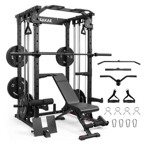 SAKAE Multi-Function Squat Rack with Cable Crossover System, Power Rack with LAT Pull Down, Pull-Up Bar, Dip Bars, Weight Bench, 260 LB Bumper Plates, 7 FT Olympic Bar & Training Attachments