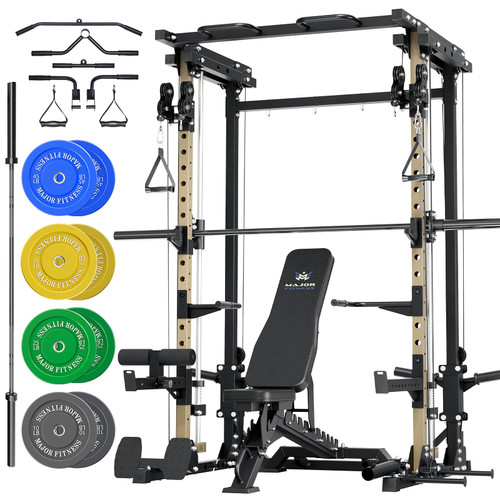 MAJOR FITNESS Drone3 Smith Machine, 2500lbs All-in-One Home Gym Power Rack with Dual Pulley System for Cable Crossover, Pull-Up Bars (D3SMS-KHA (with Bench Elite BLK & 230LB CLR BP & Bar)