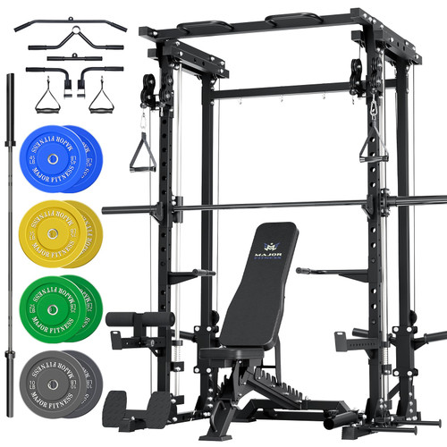 MAJOR FITNESS Drone3 Smith Machine, 2500lbs All-in-One Home Gym Power Rack with Dual Pulley System for Cable Crossover, Pull-Up Bars (D3SMS-BK (with Bench Elite BLK & 230LB CLR BP & Bar))