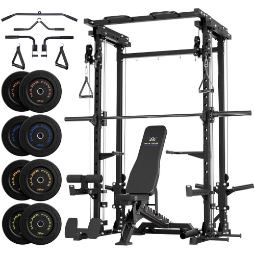 Major Fitness Drone3 Smith Machine with Weight Bench & 230lb Plates Set, All-in-One Home Gym Squat Rack with Cable Crossover & Pull-Up Station, Heavy-Duty Strength Training, Black
