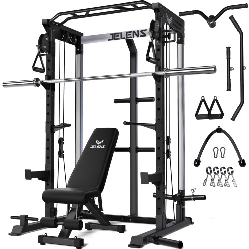 JELENS C21 Power Cage, 2000LBS Multi-Function Power Rack with Independent Dual Pulley System, All-in-One Squat Rack for Cable Crossover, Home Gym Workout Machine (Black, Bundle Set)
