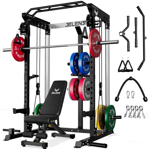 JELENS C21 Power Cage, 2000LBS Multi-Function Power Rack with Independent Dual Pulley System, All-in-One Squat Rack for Cable Crossover, Home Gym Workout Machine (370LBS Colored Weights Package)