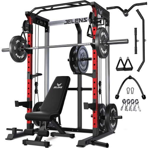 JELENS C21 Power Cage, 2000LBS Multi-Function Power Rack with Independent Dual Pulley System, All-in-One Squat Rack for Cable Crossover, Home Gym Workout Machine (Red, 230LB Black Weights)