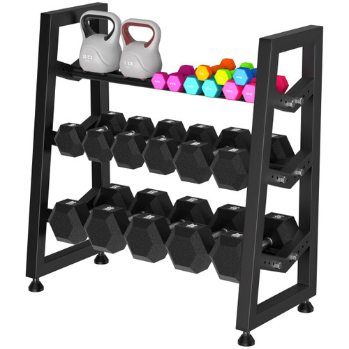 CHICAURA 3 Tier Weight Rack for Home Gym Dumbbells, Universal Dumbbell Rack with Adjustable Width Rails, Heavy Duty Angled Storage Stand for Kettlebells & Hand Weights (Rack Only)