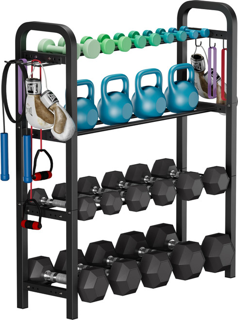 Ansionsol 4-Tier Adjustable Dumbbell Rack, Weight Storage Stand Holder for Dumbbells & Kettlebells, Heavy-Duty Home Gym Organizer with 6 Hook for Home Gym Equipment Accessories, Black(Rack Only)