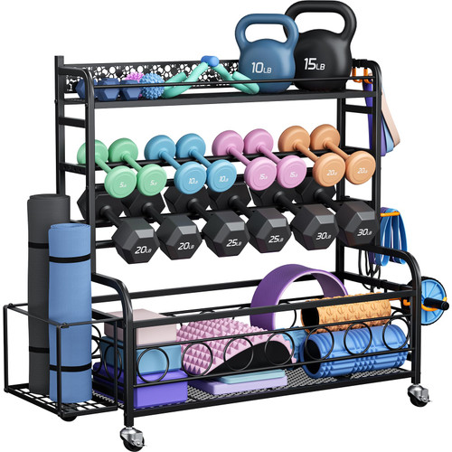 XXL-Dumbbell Rack Weight Rack for Dumbbells, VOPEAK Home Gym Storage Rack for Yoga Mat Kettlebells and Strength Training Equipment, Weight Storage Holder Stand Rack for Dumbbells with Wheels