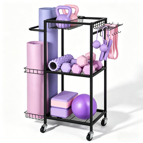 HASAKIESAA Workout Equipment Storage Rack Metal Yoga Mat Storage Rack, Weight Cart Home Gym Storage Rack with Wheels for Dumbbells, Yoga Mats, Kettlebells, Foam Rollers