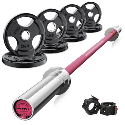 RitFit Barbell Weight Set - 4/6FT Olympic Barbell with Weight Plates (55-115LB Total) - Weightlifting Equipment for Squats, Curls, Deadlifts, Presses, Hip Thrusts 4FT Pink Bar with 85LB Plates