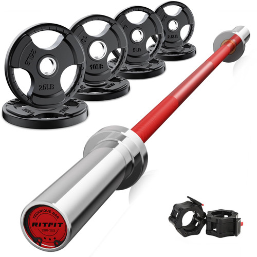 RitFit Barbell Weight Set - 4/6FT Olympic Barbell with Weight Plates (55-275LB Total) - Weightlifting Equipment for Squats, Curls, Deadlifts, Presses, 4FT Silver/Red Bar with 85LB Plates